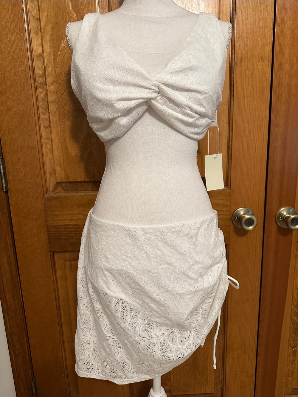 Women’s White Twist Front Bralette & Lace Skirt Swim Set
